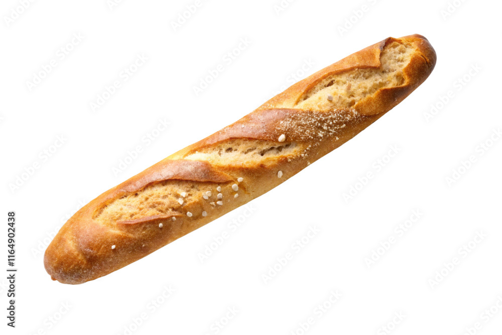Baguette bread with falling crumbs on white background Baguette bread with falling crumbs on white background