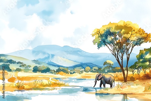 Serene Watercolor Painting of an Elephant at a Watering Hole in the African Savanna.