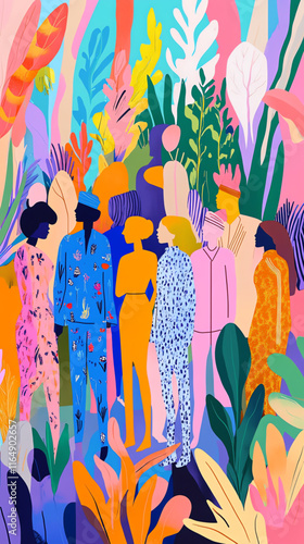 A vibrant illustration of diverse figures surrounded by colorful plants and foliage.