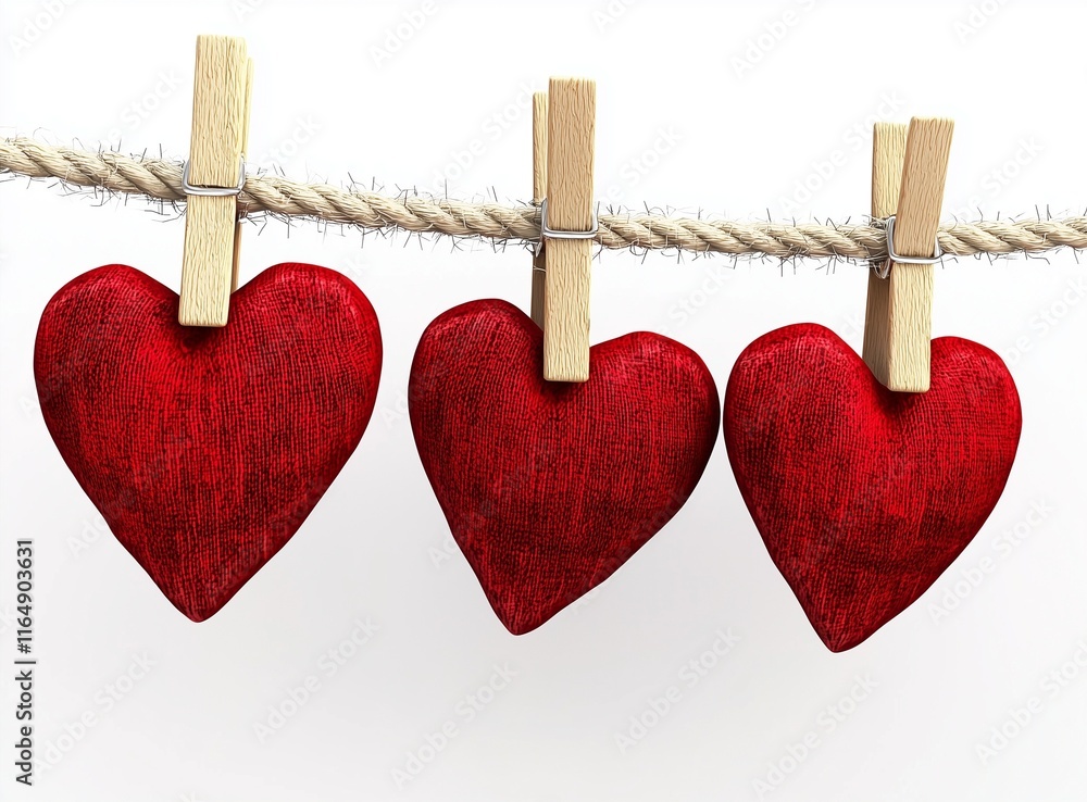 Red hearts on clothesline for Valentine's, white isolated. Red hearts on clothesline for Valentine's, white isolated.