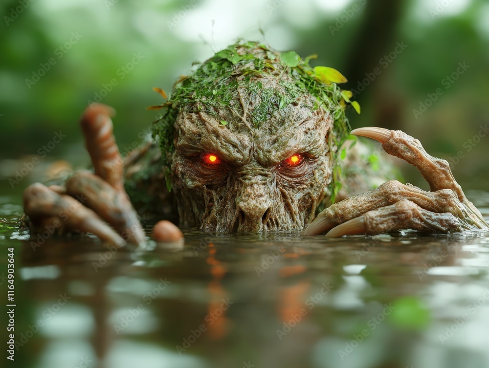 Sinister creature emerging from dark water, covered in moss and foliage, with glowing red eyes in a mysterious forest backdrop Sinister creature emerging from dark water, covered in moss and foliage, with glowing red eyes in a mysterious forest backdrop
