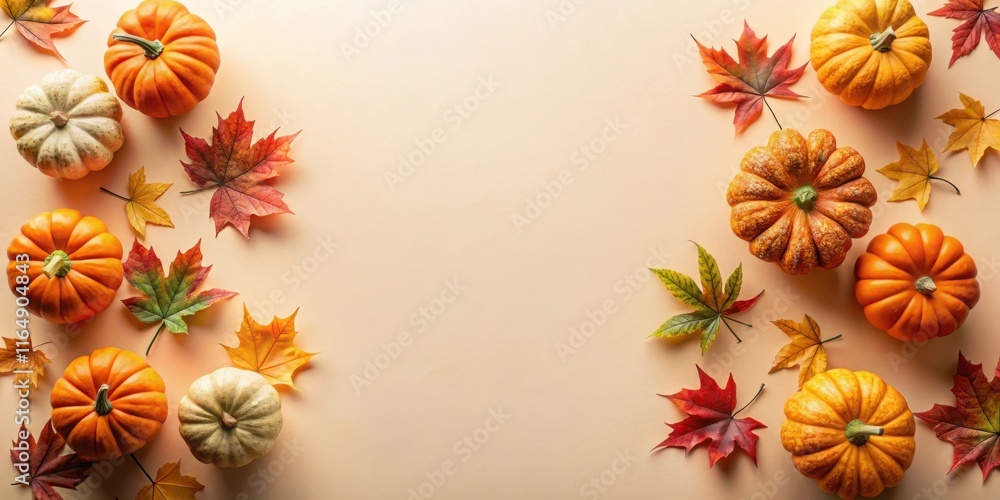 Autumnal harvest abundance pumpkins and colorful fall leaves on a beige background Autumnal harvest abundance pumpkins and colorful fall leaves on a beige background