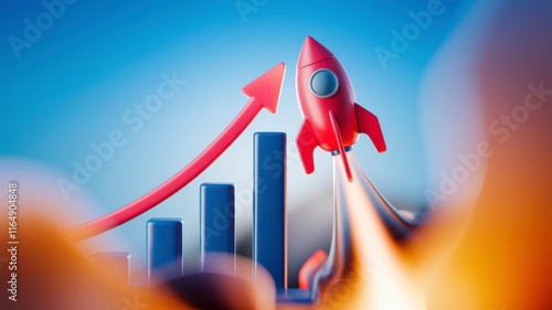 A red rocket ship ascends alongside a rising bar graph, symbolizing rapid business growth