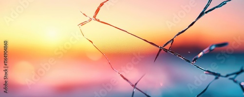 Torn abstract background idea. A stunning sunset view reflected through broken glass, creating vivid colors and textures.