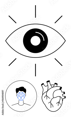 Eye with rays, facial recognition outline on a face, anatomical heart. Ideal for biometrics, healthcare, identity, vision, technology emotions security themes. Abstract line flat metaphor