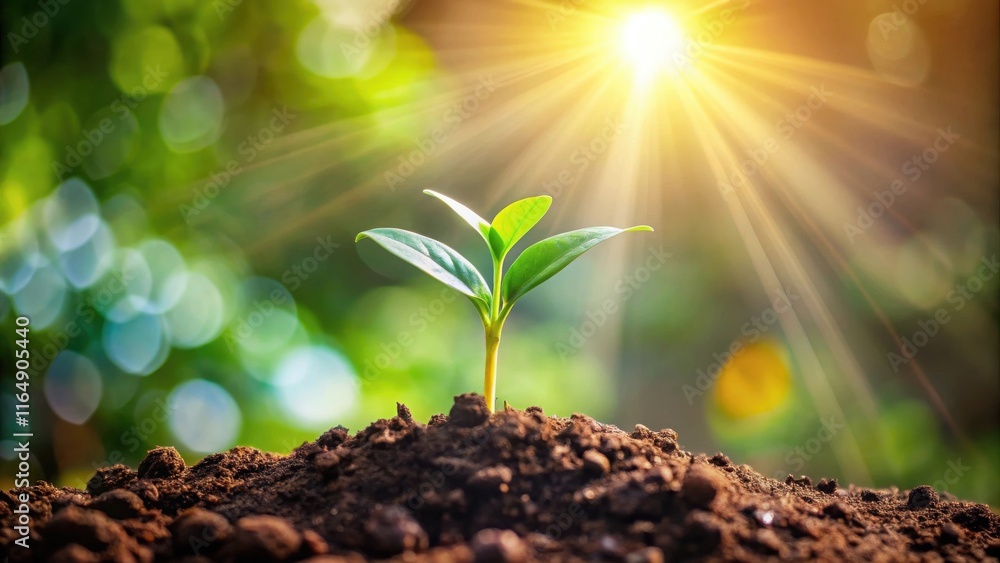 A young sprout emerges from rich soil, bathed in the warm glow of the sun's rays, symbolizing growth and new beginnings. A young sprout emerges from rich soil, bathed in the warm glow of the sun's rays, symbolizing growth and new beginnings.