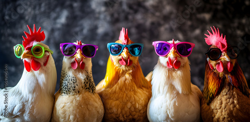 Hilarious Chickens in Colorful Sunglasses Posing Indoors Against a Stylish Dark Backdrop – Great for Funny Animal Photos, Creative Campaigns, and Fun Designs