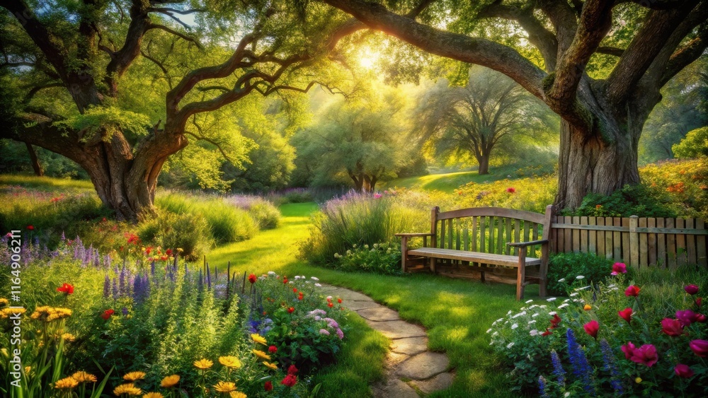 Serene Garden Path with Sunlit Bench and Blooming Flowers Serene Garden Path with Sunlit Bench and Blooming Flowers