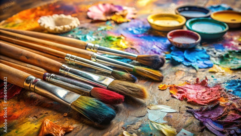 A colorful array of paintbrushes rests on a well-used artist's palette, showcasing vibrant hues and textures. A colorful array of paintbrushes rests on a well-used artist's palette, showcasing vibrant hues and textures.