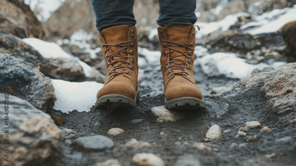 Brown Hiking Boots on Rocky Snowy Terrain Brown Hiking Boots on Rocky Snowy Terrain