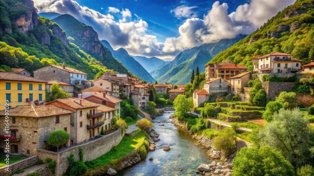 Obraz premium Picturesque Village Nestled in a Mountain Valley with a River