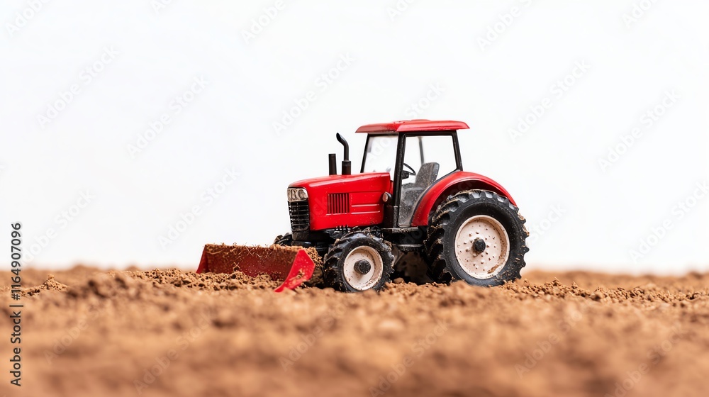 Red tractor on a textured soil background, showcasing agricultural machinery in a miniature model. Red tractor on a textured soil background, showcasing agricultural machinery in a miniature model.