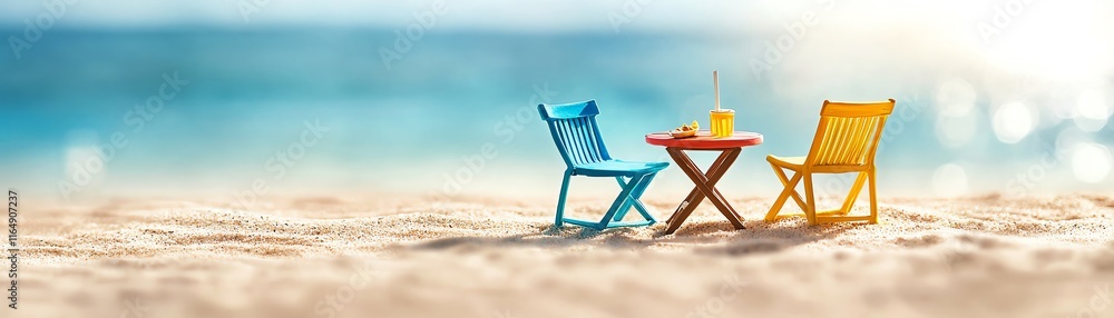 Colorful beach chairs and a table set on sandy shore, evoking relaxation and vacation vibes. Colorful beach chairs and a table set on sandy shore, evoking relaxation and vacation vibes.