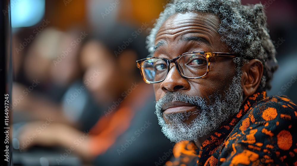 Close-up portrait of a thoughtful senior Black man with glasses. Close-up portrait of a thoughtful senior Black man with glasses.