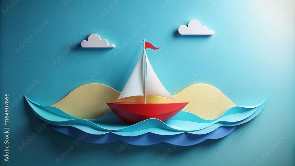Fototapeta premium Red sailboat on stylized paper waves and clouds, summer vacation scene