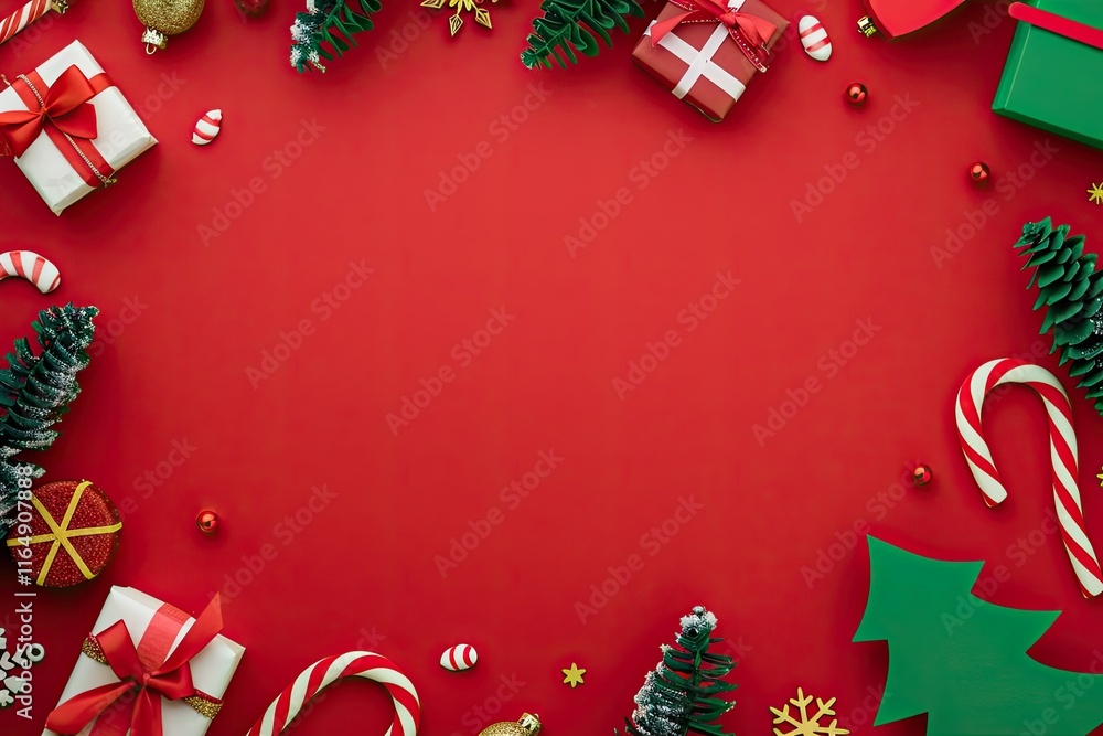 Christmas postcard template, flat lay of a tree, gifts, candy canes, and festive decorations on a red background