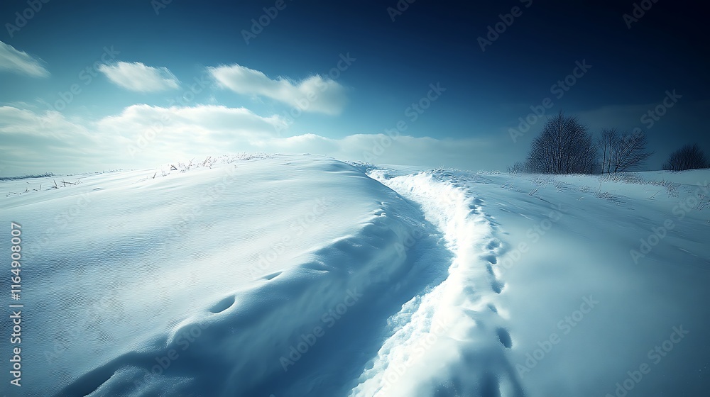 Obraz premium Winter Path Across Snowy Hill Under Blue Sky