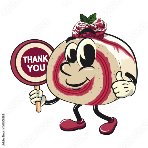 raspberry roll cake cute cartoon isolated vector illustration character mascot say thank you, work of hand drawn