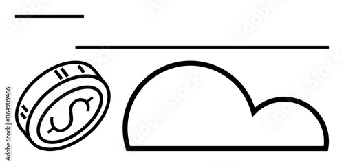 Coin with dollar sign near a cloud. Ideal for digital currencies, online transactions, fintech, cloud storage, cloud computing, e-commerce, economic trends. Line metaphor