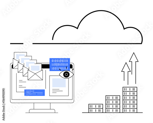 Digital data uploaded via emails to cloud. Encrypted codes, cloud, and buildings with arrows rising upward. Ideal for data security, productivity, cloud storage, business growth, encryption