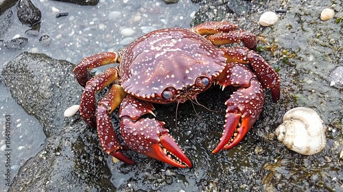 Large red crab on wet rocks near the ocean. photo