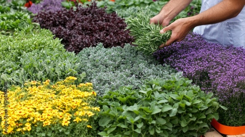 Gardener Selecting Herbs From A Colorful Garden Display photo