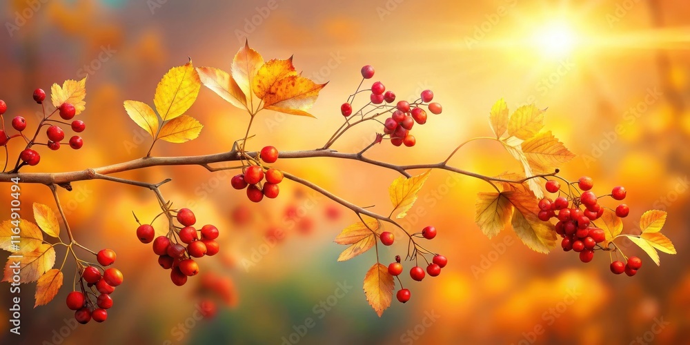 Autumnal Branch with Clusters of Red Berries and Golden Leaves Basking in Warm Sunlight Autumnal Branch with Clusters of Red Berries and Golden Leaves Basking in Warm Sunlight