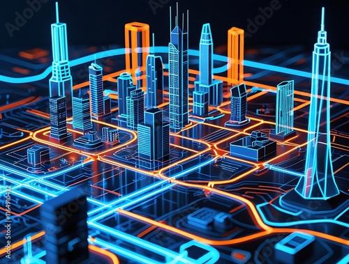 Futuristic cityscape glowing with neon lights, showcasing a smart urban grid, advanced architectural designs, and interconnected digital networks, representing the future of technology-driven sustaina photo