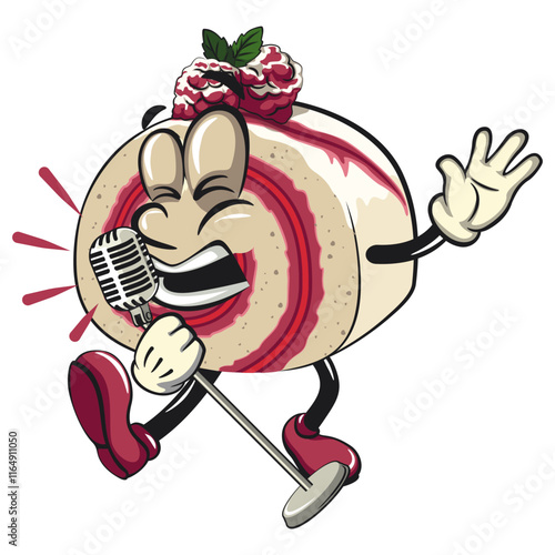 raspberry roll cake cute cartoon isolated vector illustration character mascot sing earnestly with maximum style, work of hand drawn