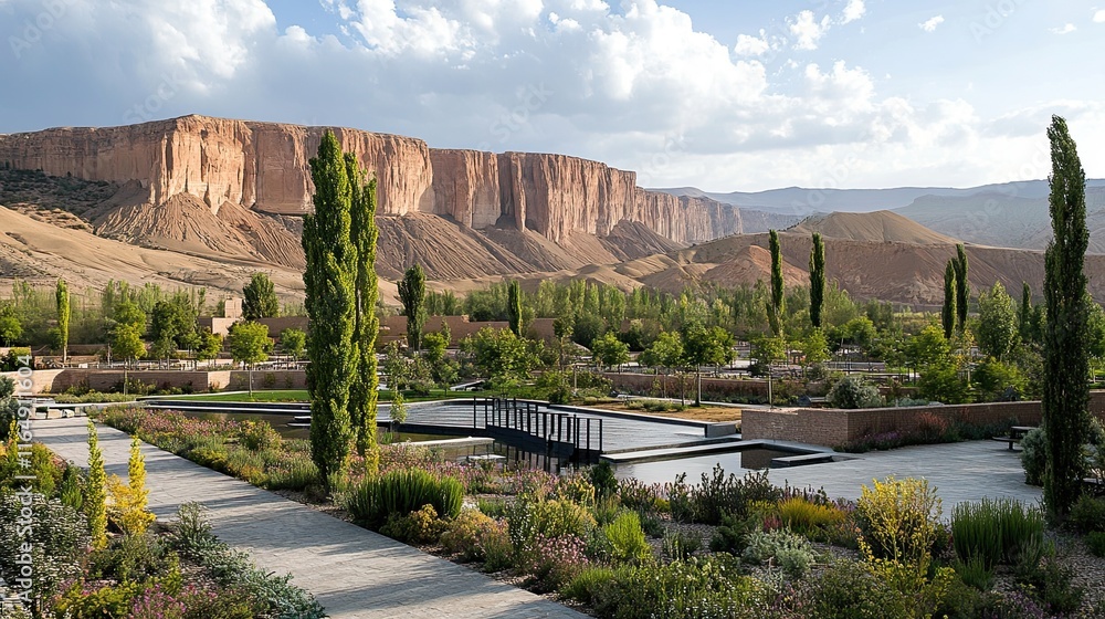 Fototapeta premium Oasis garden with desert landscape backdrop.