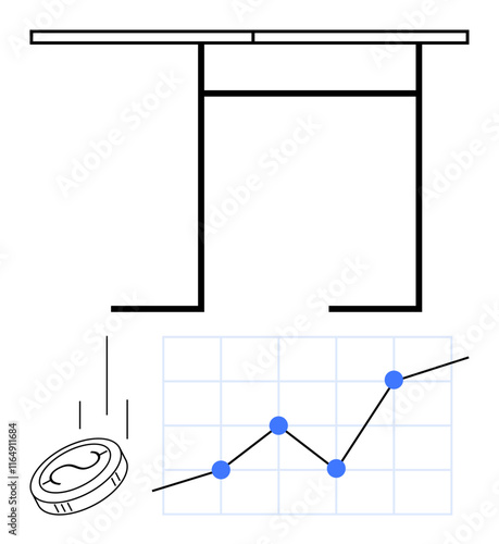 Coin falling, growing data line chart with upward trend, simple desk outlines, enhancing themes of finance, economy, progress. Ideal for investment, growth, stability tips risk analysis abstract