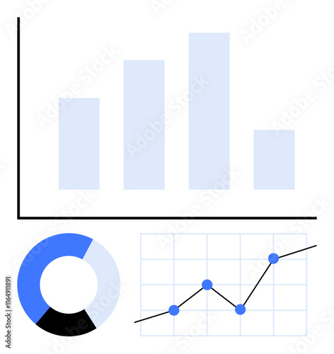 Bar graph, pie chart, and line graph with data points and trendline. Ideal for business analysis, financial reports, statistical research, marketing trends, growth tracking, forecasting and abstract
