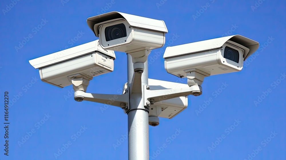 Three security cameras mounted on a pole against a clear blue sky. Three security cameras mounted on a pole against a clear blue sky.