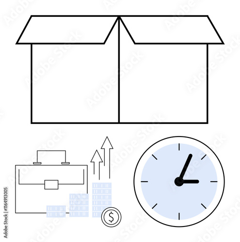 Open box, briefcase, rising graphs, coin stacks, clock suggesting business growth, financial success, and time management. Ideal for business planning, productivity project management efficiency