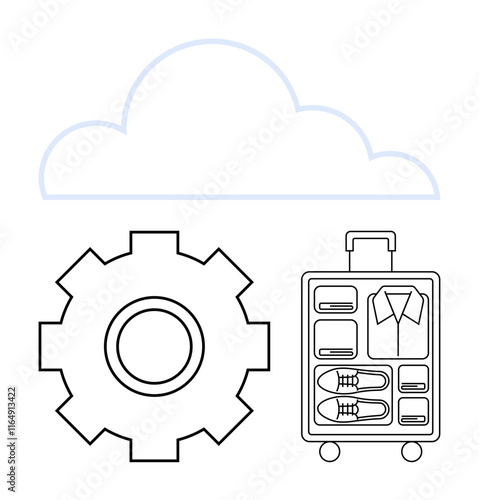 Gear beside suitcase showing packed essentials under a cloud. Ideal for travel, organization, productivity, planning, automation, logistics, cloud storage, abstract line flat metaphor