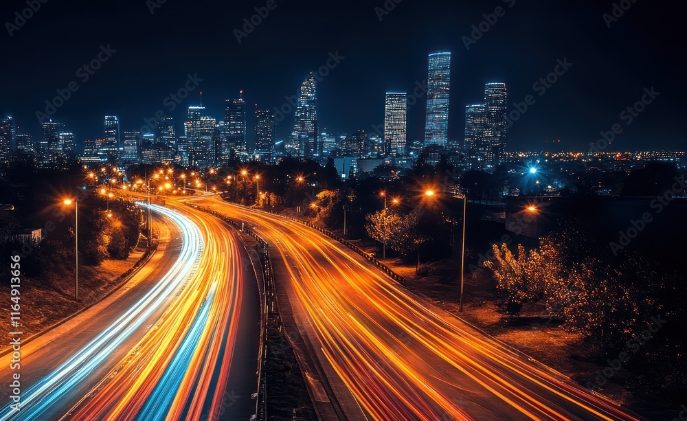 Nighttime cityscape with light trails on highway. Nighttime cityscape with light trails on highway.