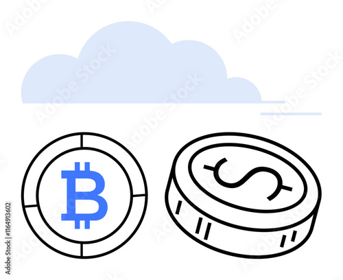 Bitcoin coin next to dollar coin beneath blue cloud. Ideal for financial tech, investment guides, online banking, cryptocurrency, digital assets, fintech startups, economic studies. Line metaphor
