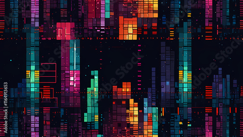 A playful and colorful pixel art background featuring a geometric abstract design with overlapping squares, bold gradients, and a retro arcade game vibe