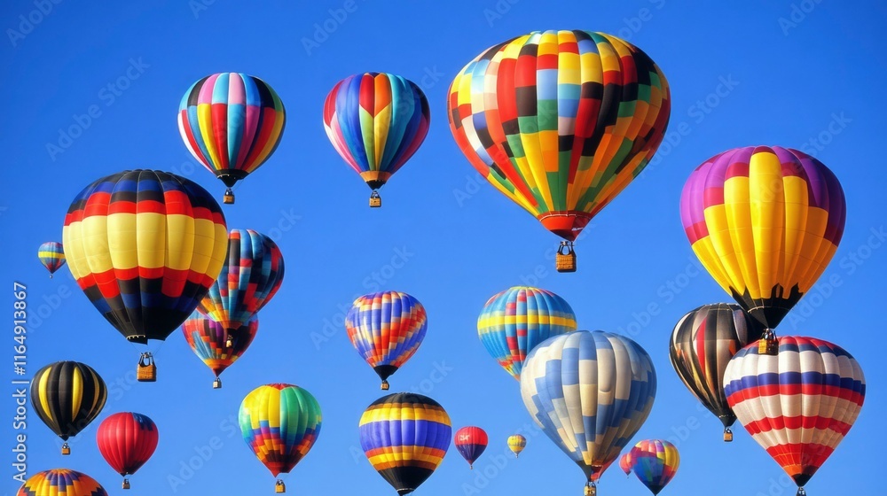 Fototapeta premium Colorful Hot Air Balloons Float Across A Blue Sky