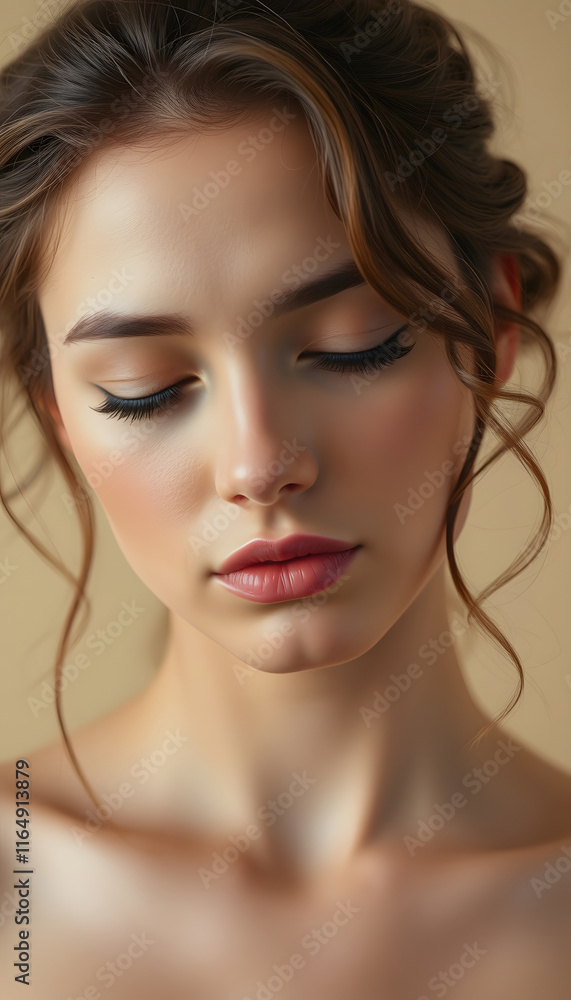 Naklejka premium Portrait of Beautiful Woman with Eyes Closed: Natural Beauty and Serenity