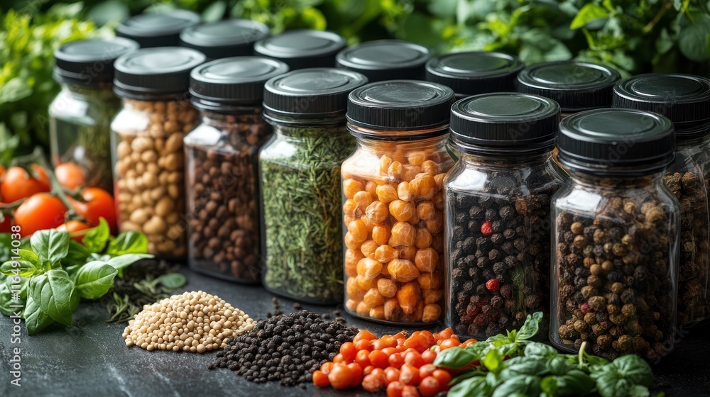 Jars of spices and herbs with fresh vegetables. Jars of spices and herbs with fresh vegetables.