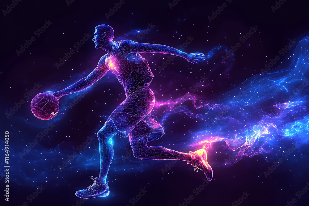 basketball player in action, jumping high to make a slam dunk with energy and precision. The design captures athleticism, power, and the excitement of the game, rendered in a sleek low-poly style with basketball player in action, jumping high to make a slam dunk with energy and precision. The design captures athleticism, power, and the excitement of the game, rendered in a sleek low-poly style with