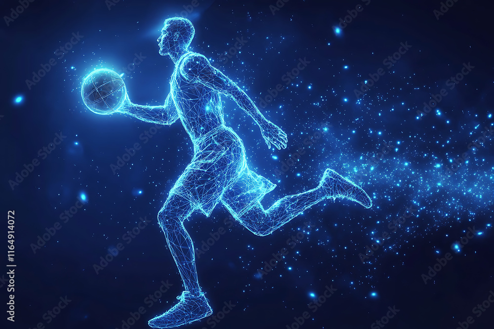 Naklejka premium basketball player in action, jumping high to make a slam dunk with energy and precision. The design captures athleticism, power, and the excitement of the game, rendered in a sleek low-poly style with