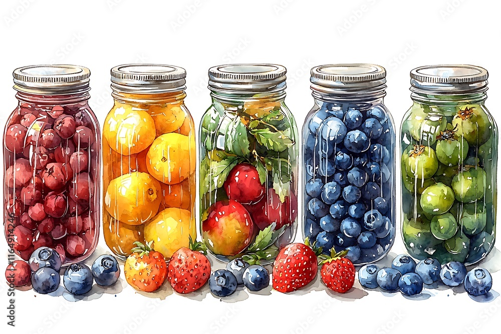 Watercolor illustration of five mason jars filled with assorted colorful berries and fruits. Watercolor illustration of five mason jars filled with assorted colorful berries and fruits.