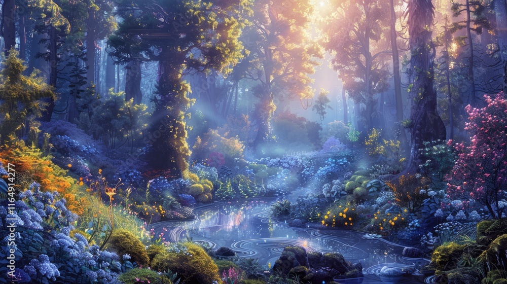 Obraz premium A serene forest scene with vibrant flowers and a tranquil stream illuminated by soft light.