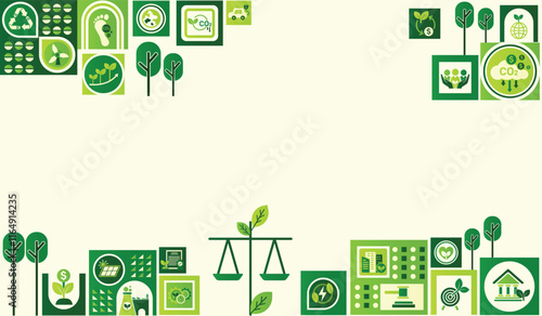 Green rights and law or environment law for eco friendly and sustainable future. The concept of carbon credit and carbon footprint with icons to drive industry to low emissions and carbon solution.