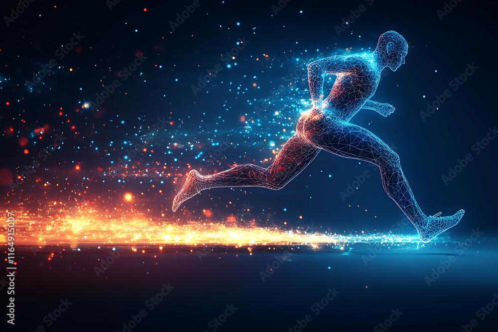 Fototapeta premium sprinter in full stride, showcasing speed, determination, and athleticism. The design captures the energy of competition with motion lines and glowing accents, rendered in a sleek low-poly style