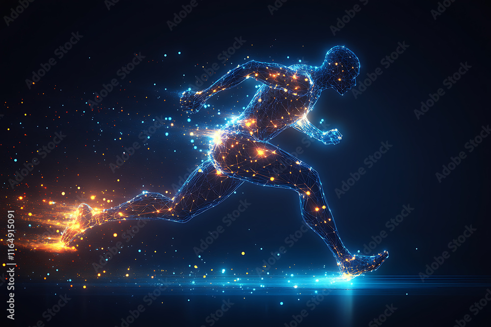Naklejka premium sprinter in full stride, showcasing speed, determination, and athleticism. The design captures the energy of competition with motion lines and glowing accents, rendered in a sleek low-poly style