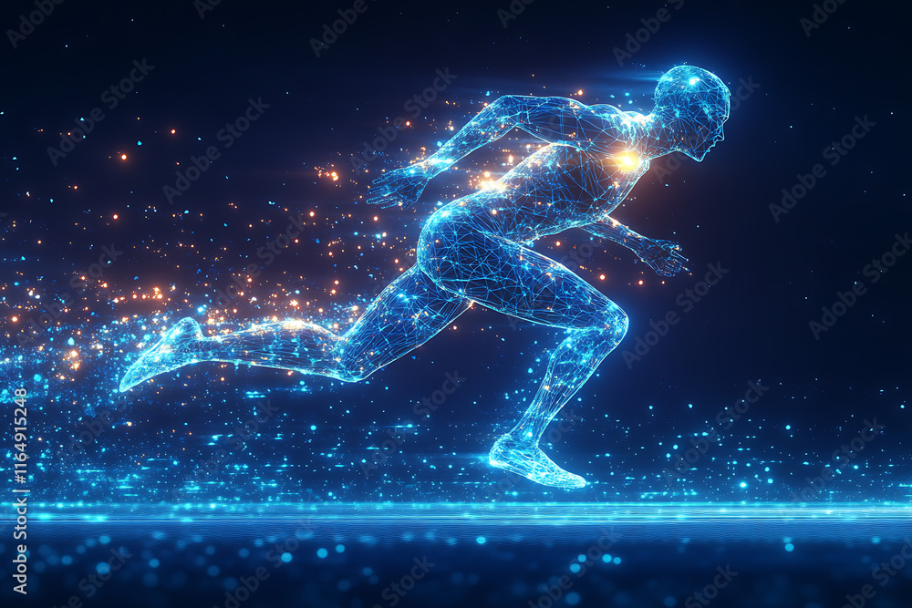 sprinter in full stride, showcasing speed, determination, and athleticism. The design captures the energy of competition with motion lines and glowing accents, rendered in a sleek low-poly style sprinter in full stride, showcasing speed, determination, and athleticism. The design captures the energy of competition with motion lines and glowing accents, rendered in a sleek low-poly style