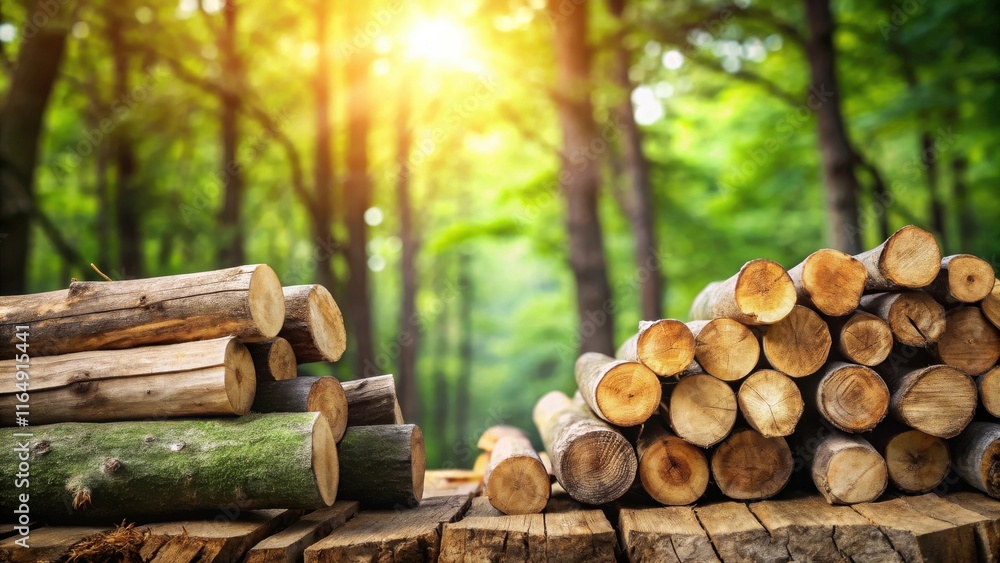 Sunlit Forest Scene with Stacked Logs Ready for Use